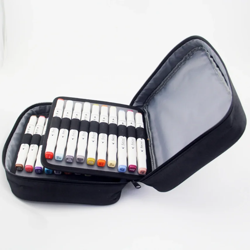 A set of colorful marker pens in a storage case