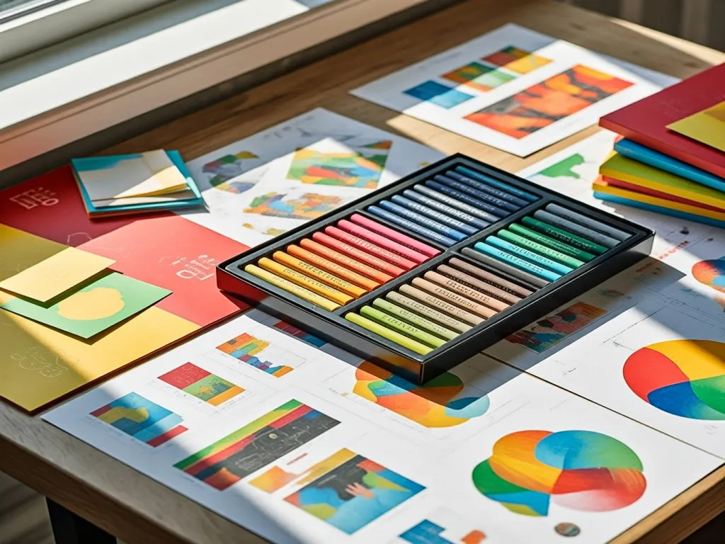 A bulk pack of crayons on a table with colorful papers