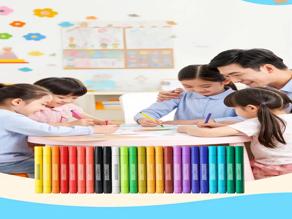 Children using crayons in a classroom setting