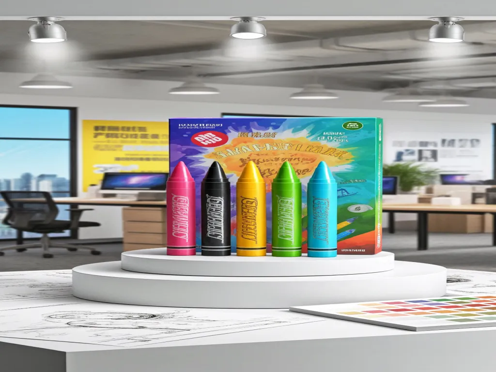 A colorful pack of crayons displayed in an office setting