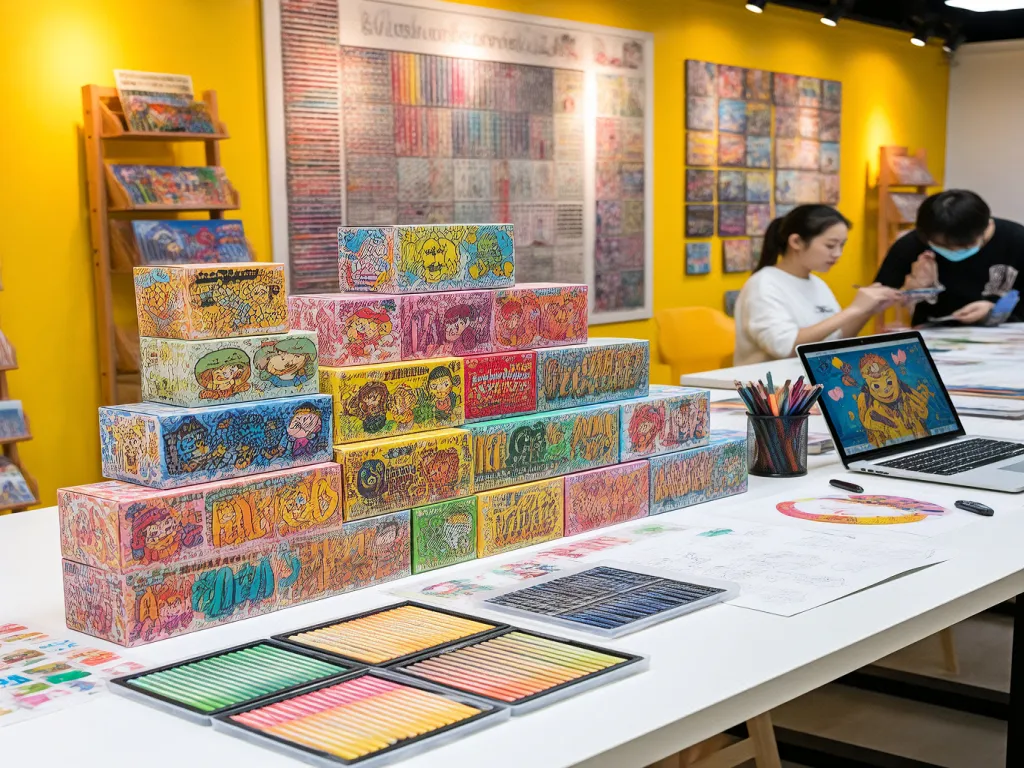 Colorful custom crayon boxes stacked on a table in a vibrant room