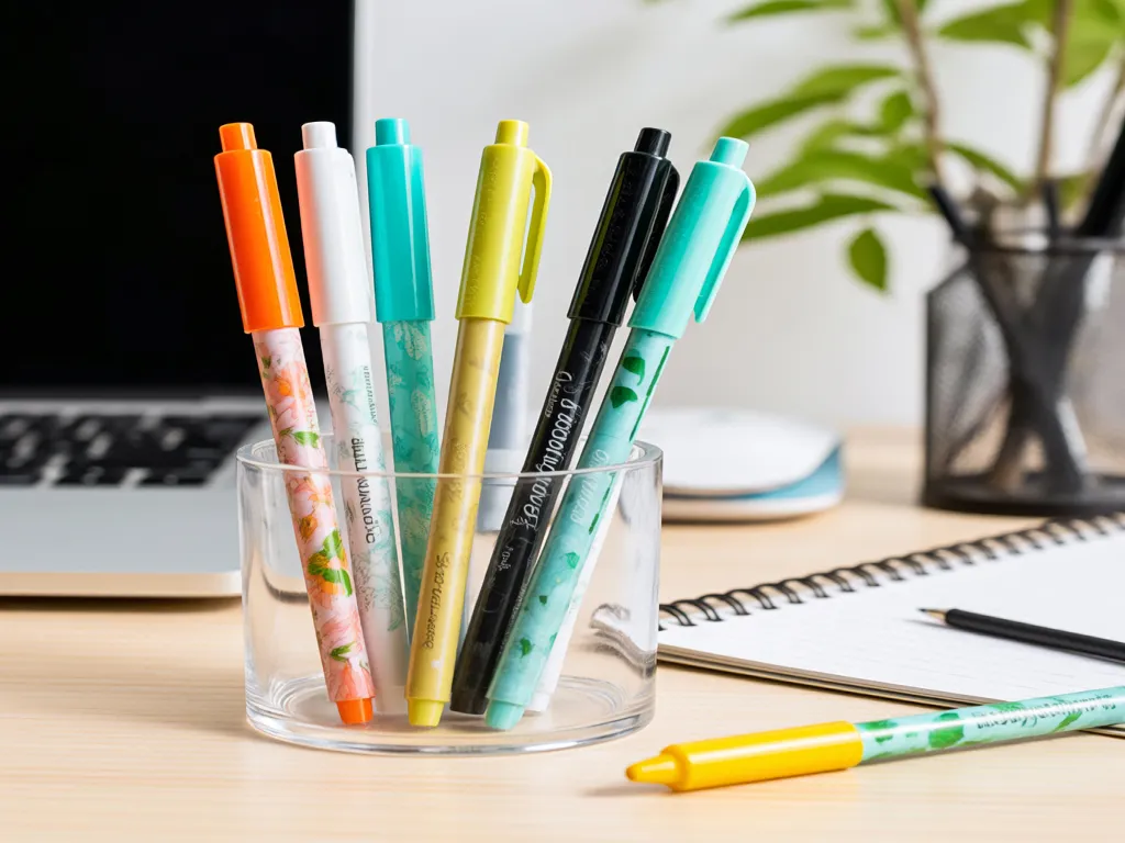 Colorful gel pens in a glass on a desk