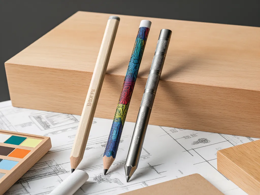 Colorful golf pencils with unique designs on a wooden surface