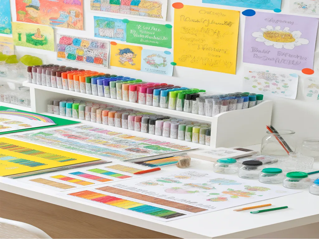 Colorful school markers displayed on a shelf