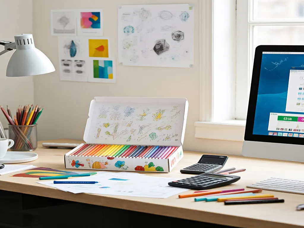 A custom crayon box on a desk with design sketches and a computer