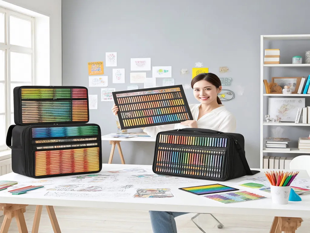 A woman holds a large set of custom crayon packs displayed in black cases