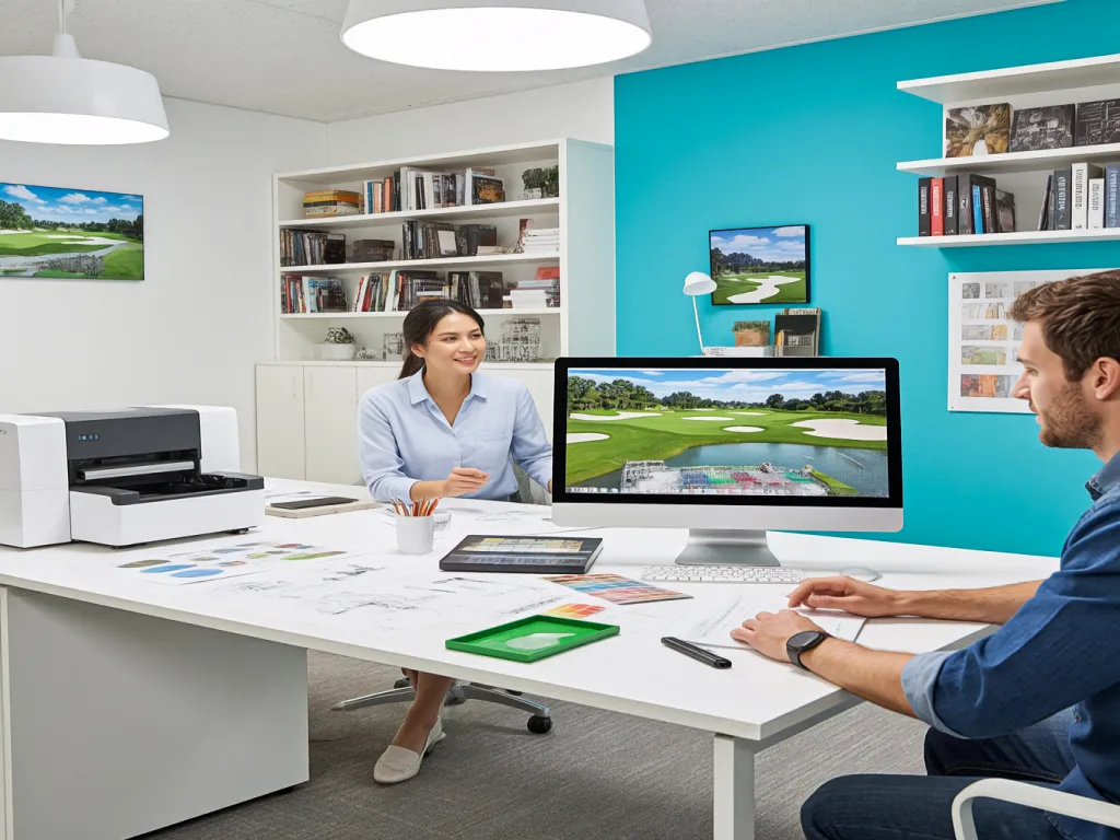 People discussing golf pencil designs in a modern office