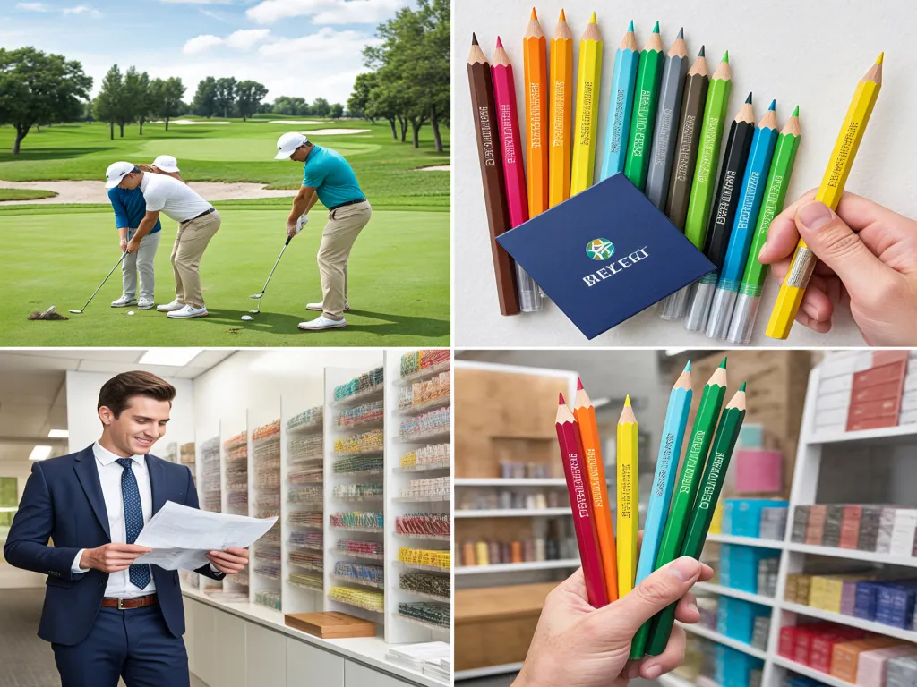 Golf pencils in use on a golf course and in promotional settings