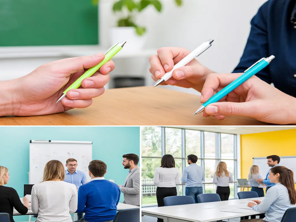 Hands exchanging custom gel pens in a meeting
