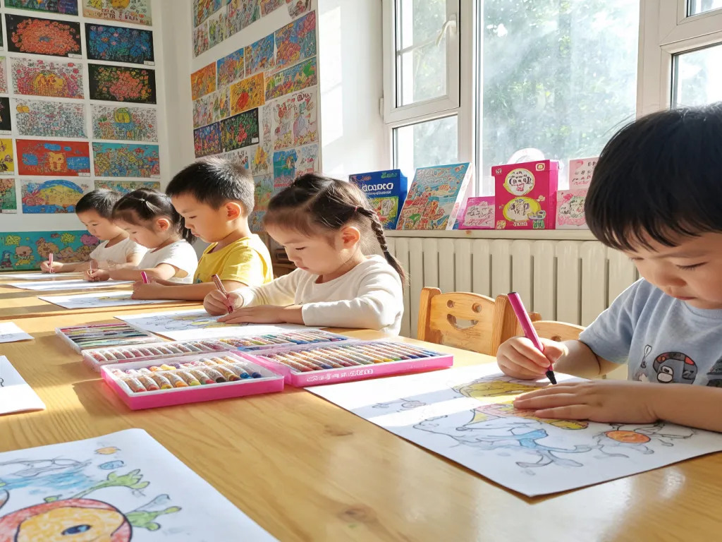 Kids drawing with crayons in an art class