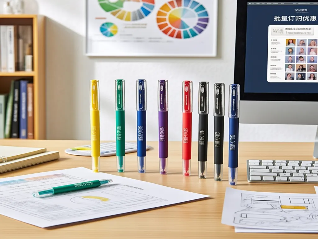 Multicolored gel pens lined up on an office desk