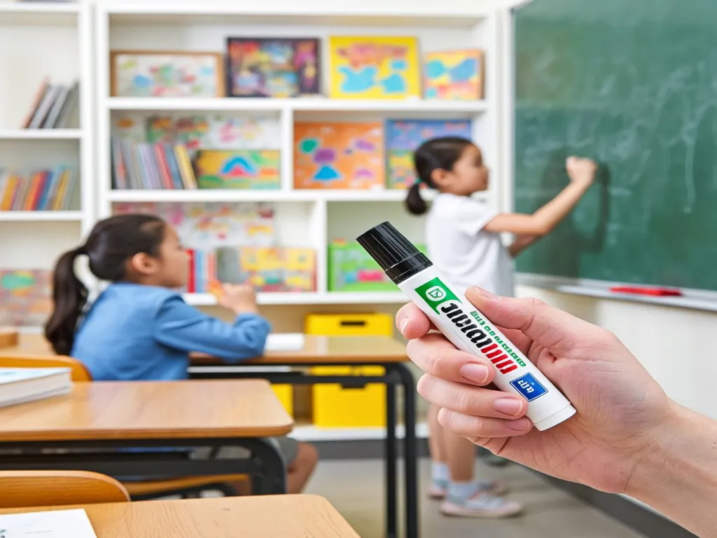 Teacher holding a school marker in a classroom
