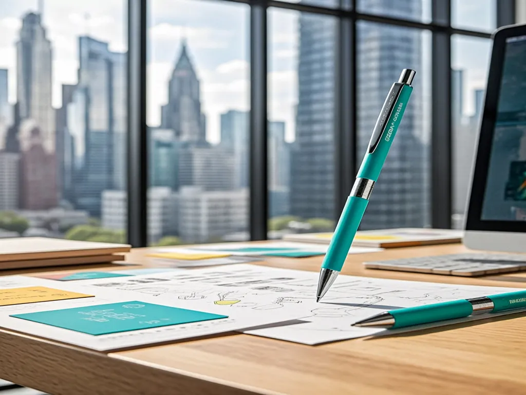 A teal gel pen on a desk with a city view in the background