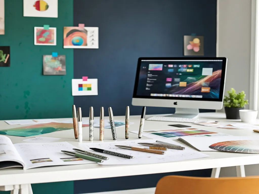 Various custom gel pens and sketches on a design table