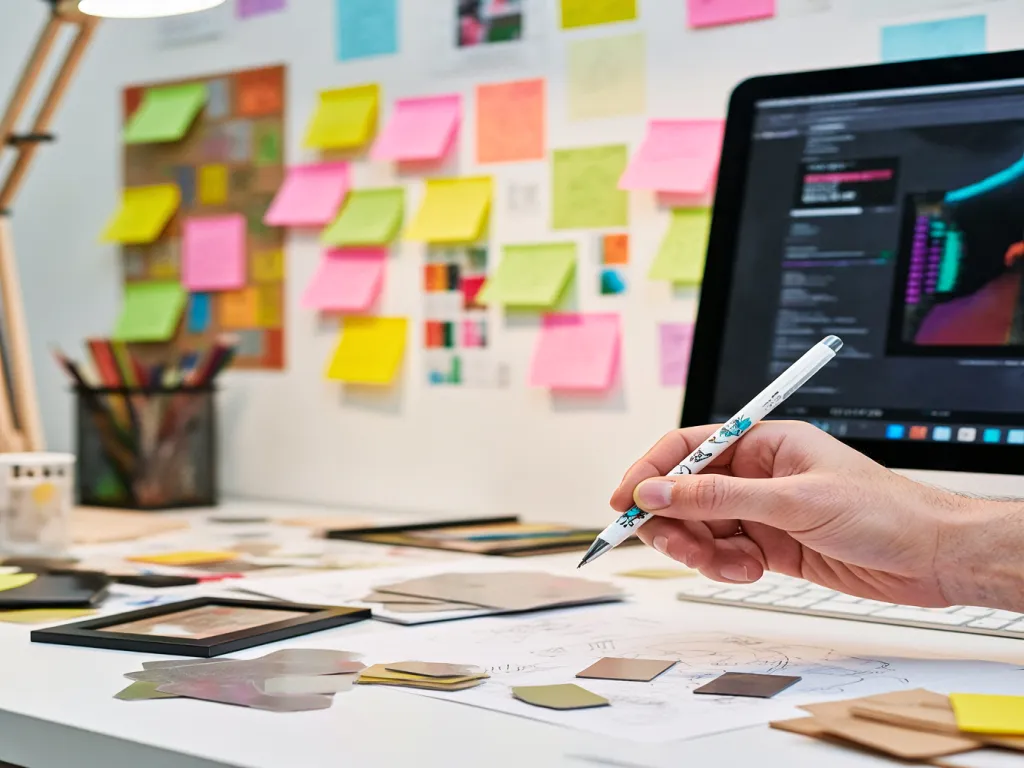 A hand holding a personalised gel pen in a creative workspace