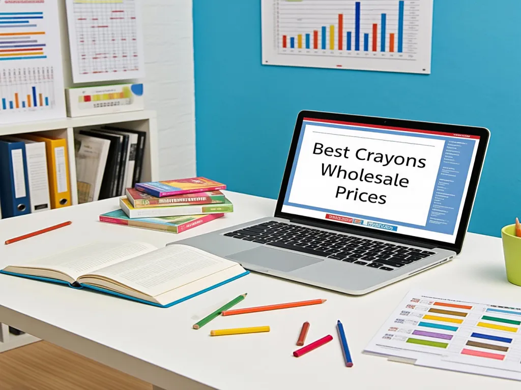 Laptop displaying 'Best Crayons Wholesale Prices' on a desk with crayons