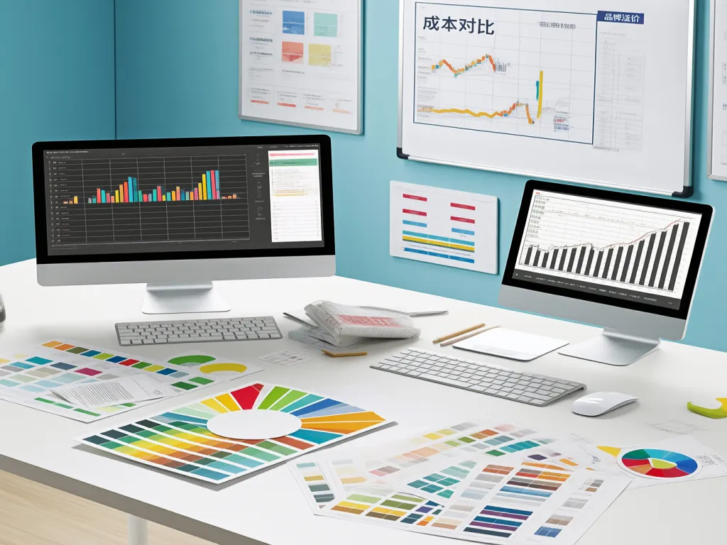Charts and color samples on a desk with computers
