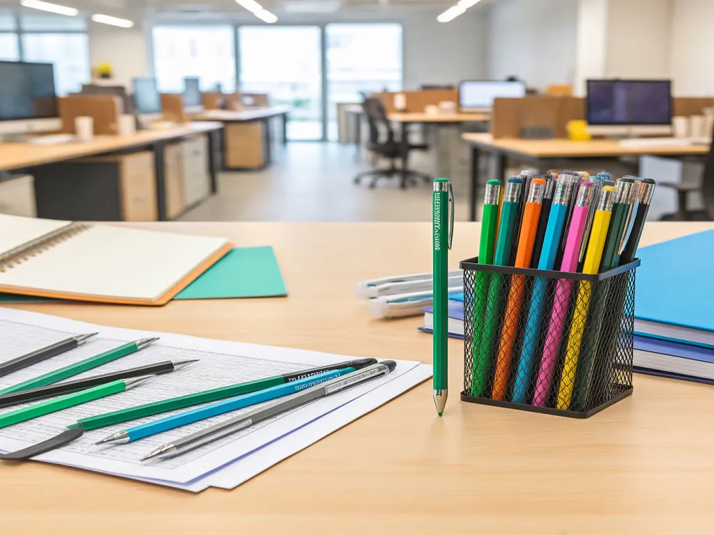 Colorful mechanical pencils in a holder on a desk