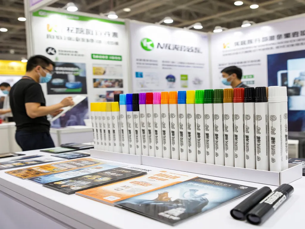 Colorful printed markers displayed on a table at a trade show