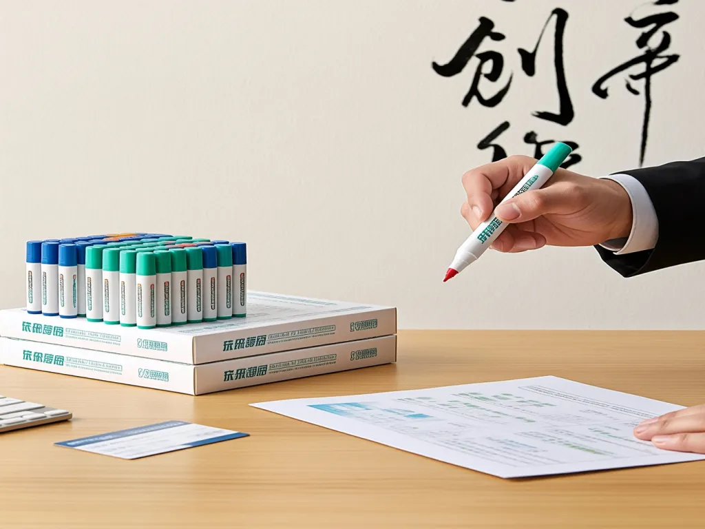 A hand holding a custom printed marker above a stack of marker boxes