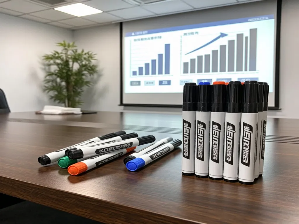 Printed markers arranged on a conference table with a presentation in the background