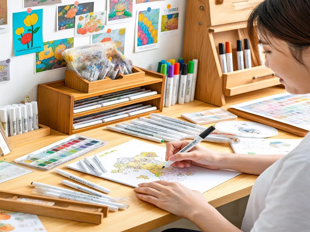 An artist drawing with a marker on a piece of paper