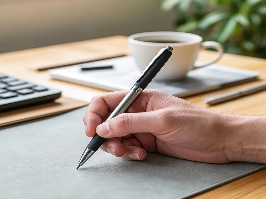 A hand writing with a black gel pen on a notepad, with a cup of coffee and a calculator in the background