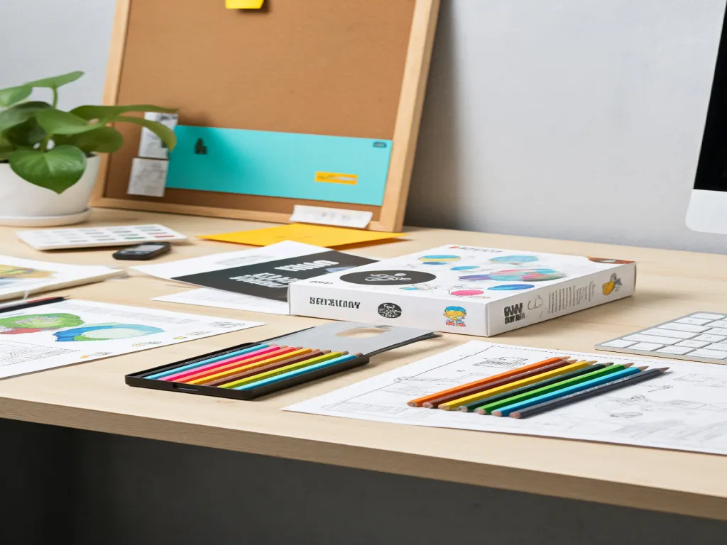Colored pencils and design papers on a desk