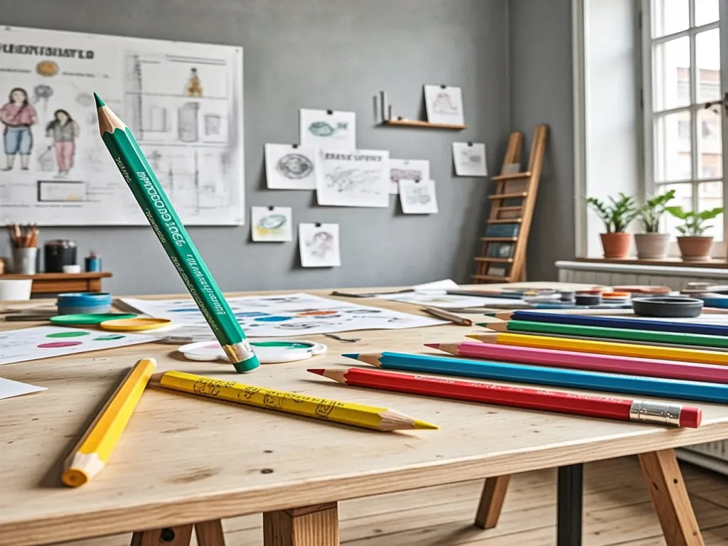 Colored pencils scattered on a desk