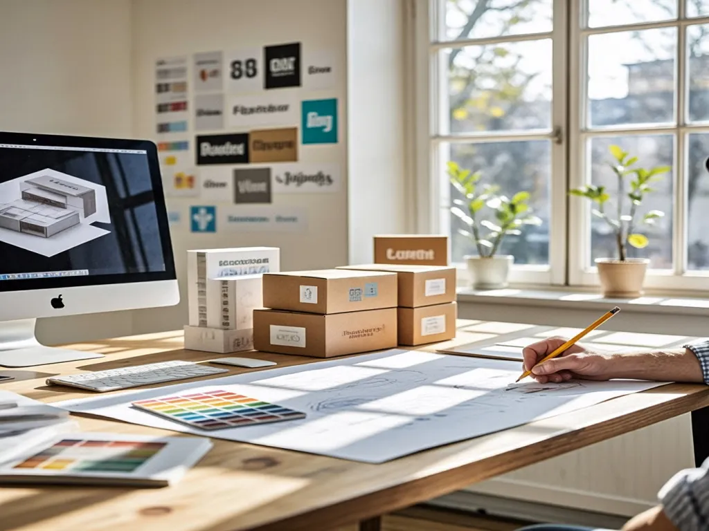 Colored pencils with packaging design on a desk