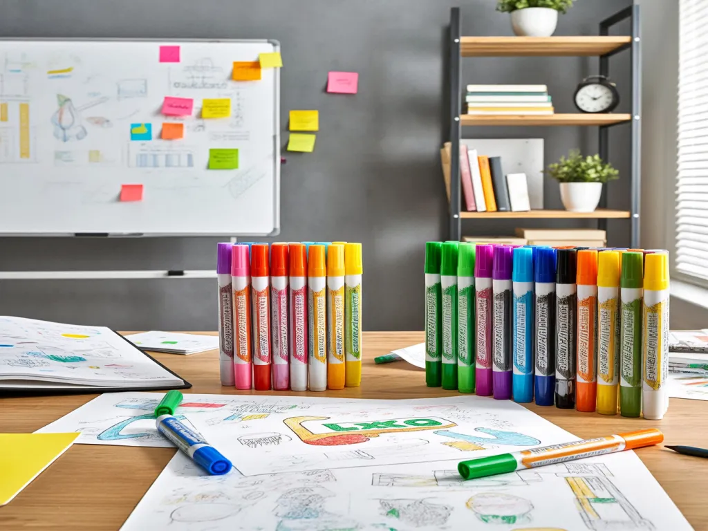 Colorful expo pens and markers on a desk