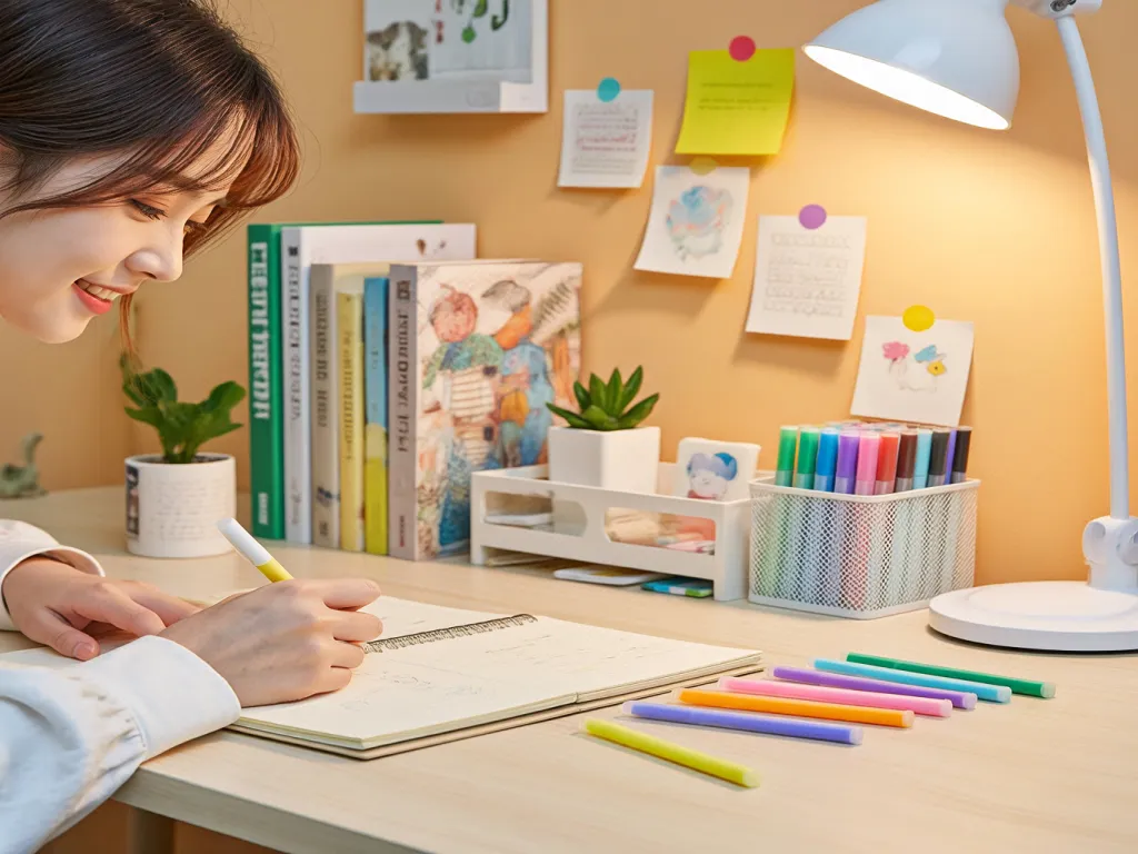 A person writing with a yellow gel pen on a notebook, surrounded by colorful gel pens on the desk