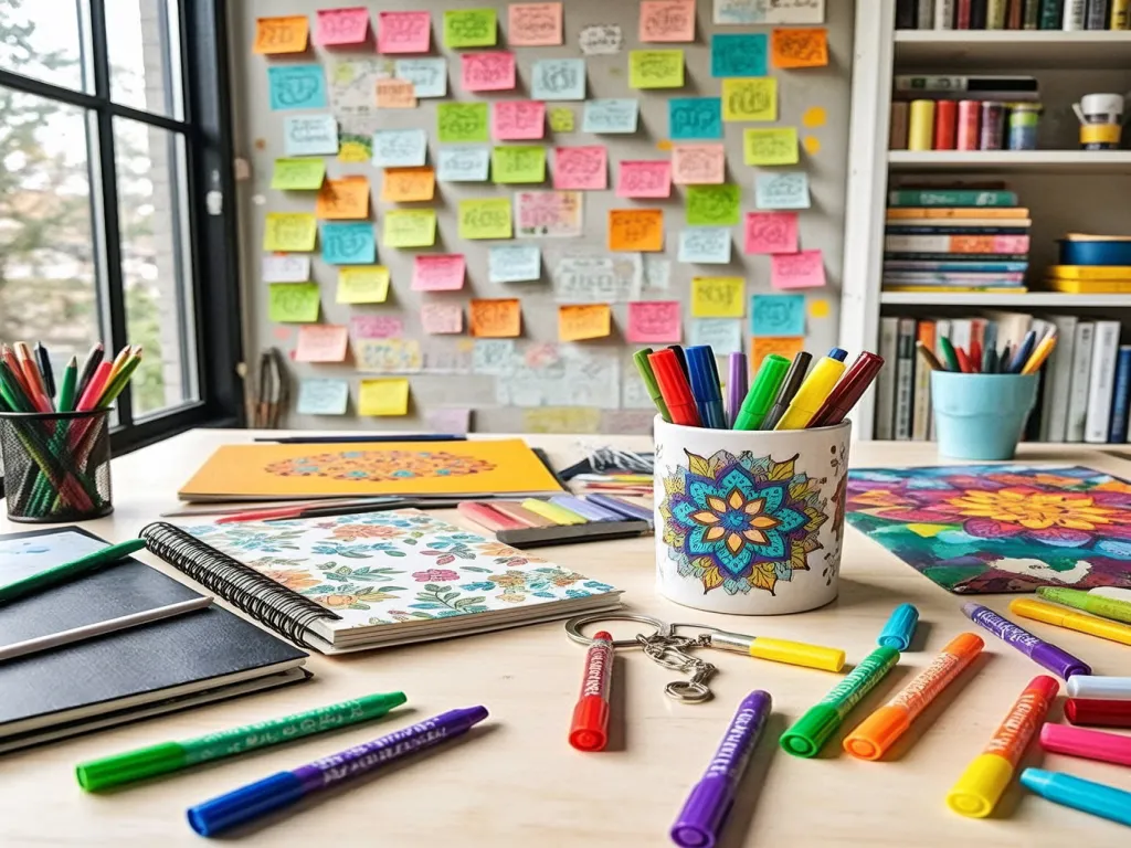 Colorful markers arranged on an art desk with drawings