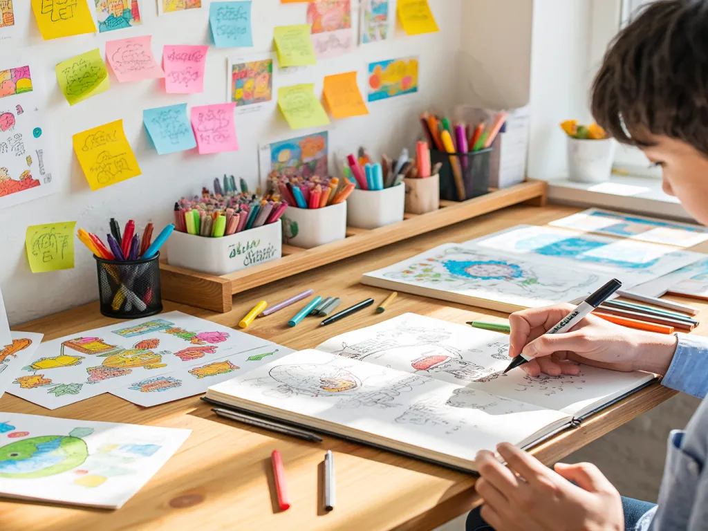 A creative art workspace with various markers and drawings