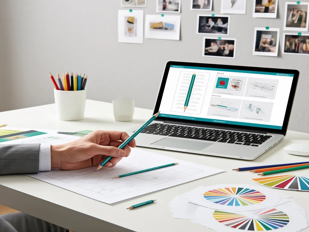 Designer creating custom pencil designs on a laptop