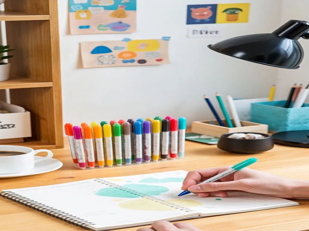 A hand writing in a notebook with a blue gel pen, with a row of colorful gel pens nearby