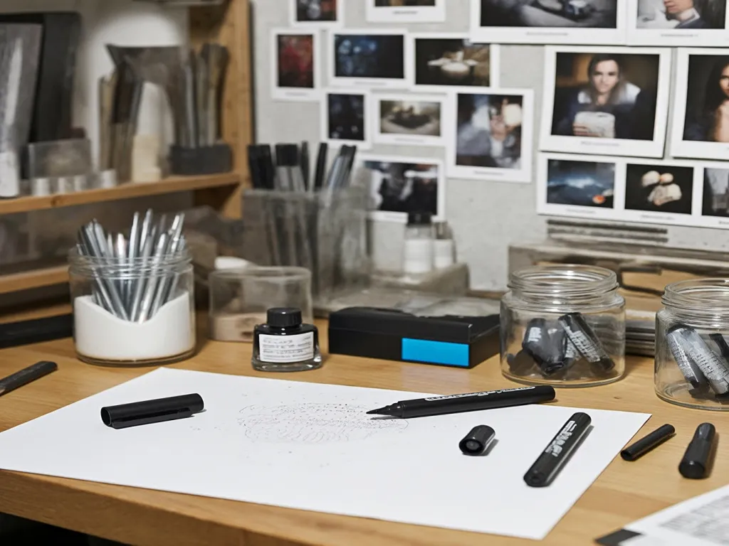 Black permanent markers on a drawing table with ink bottles