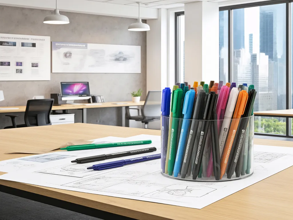 Colorful gel pens displayed in a pen holder on a desk