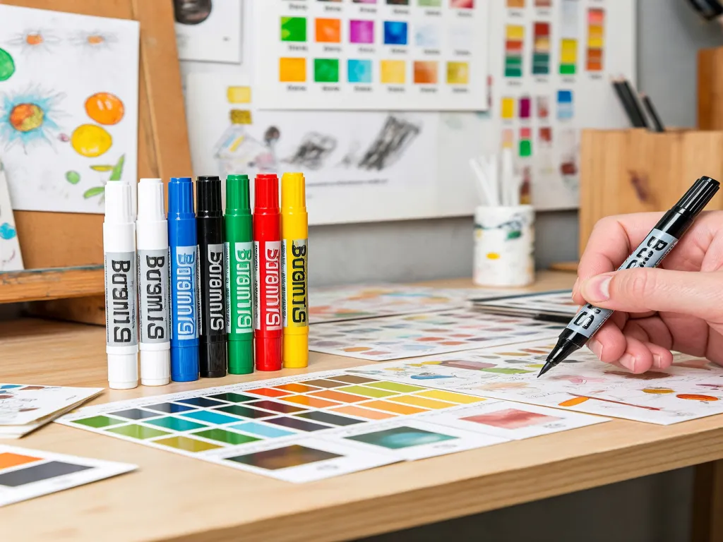 Colorful paint pen markers displayed on a design table