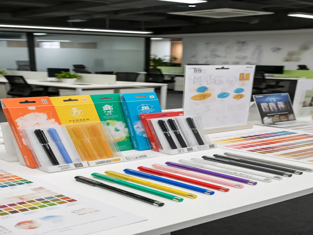 Gel pens in colorful packaging displayed on an office table