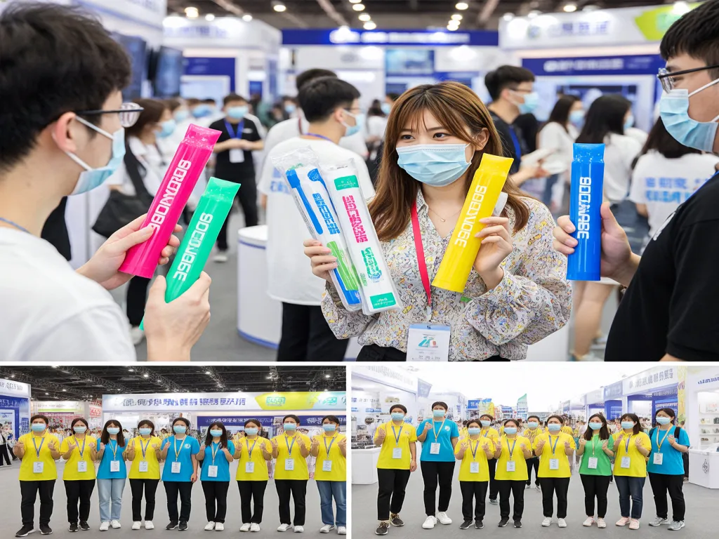 Hands holding and displaying gel pens at an exhibition