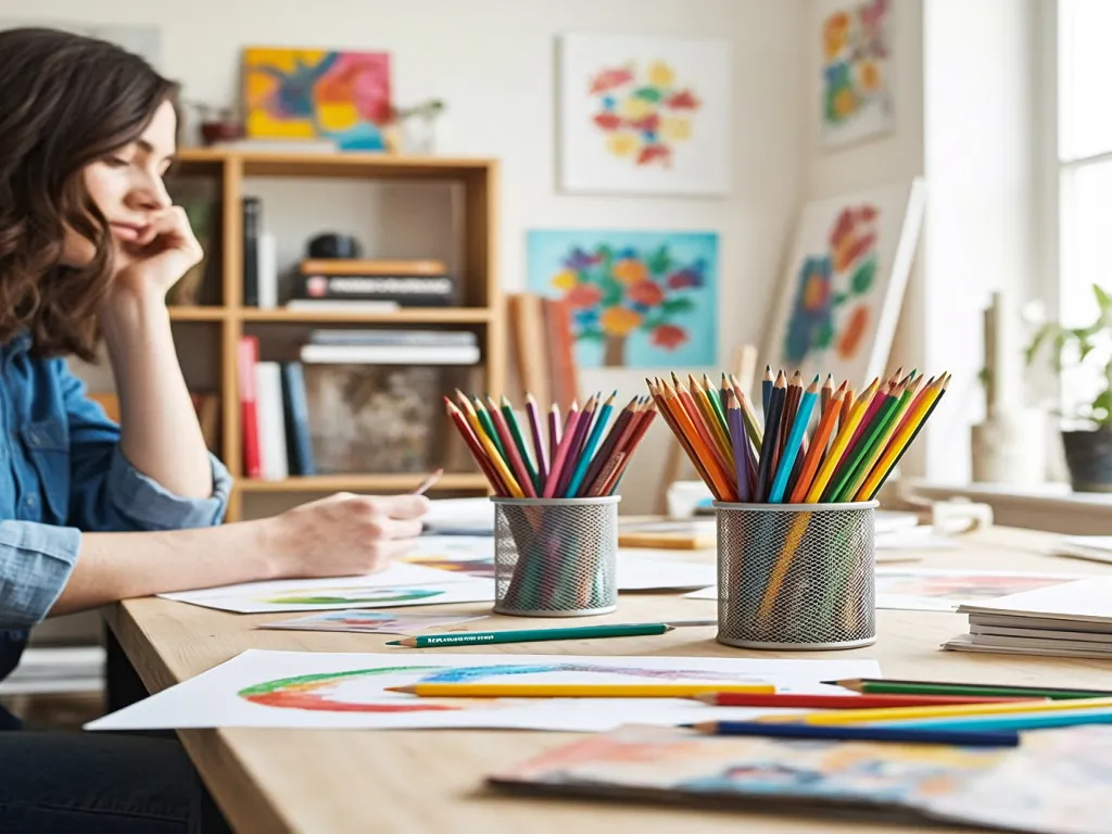 Colored pencils in cups on an artist's table with artwork in progress