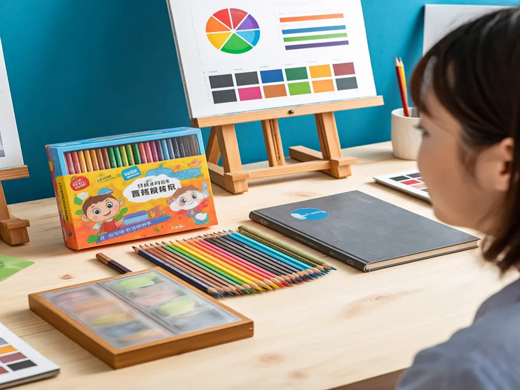A colorful box of wholesale colored pencils on a design table