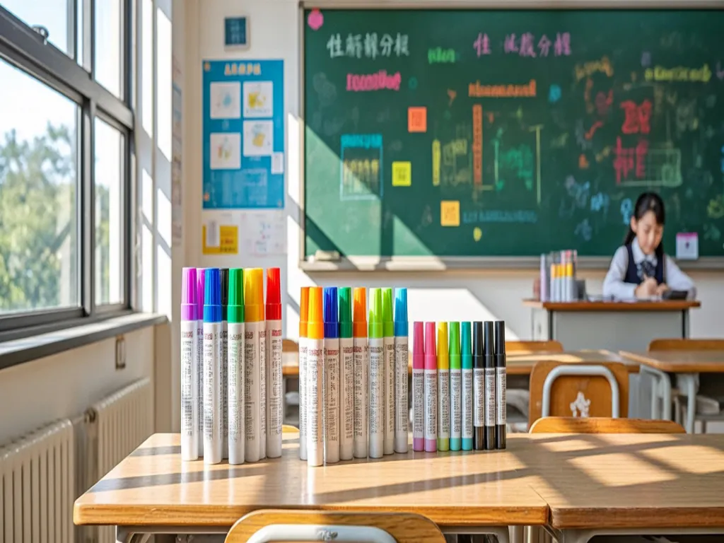 Colorful school markers displayed on a desk in a classroom
