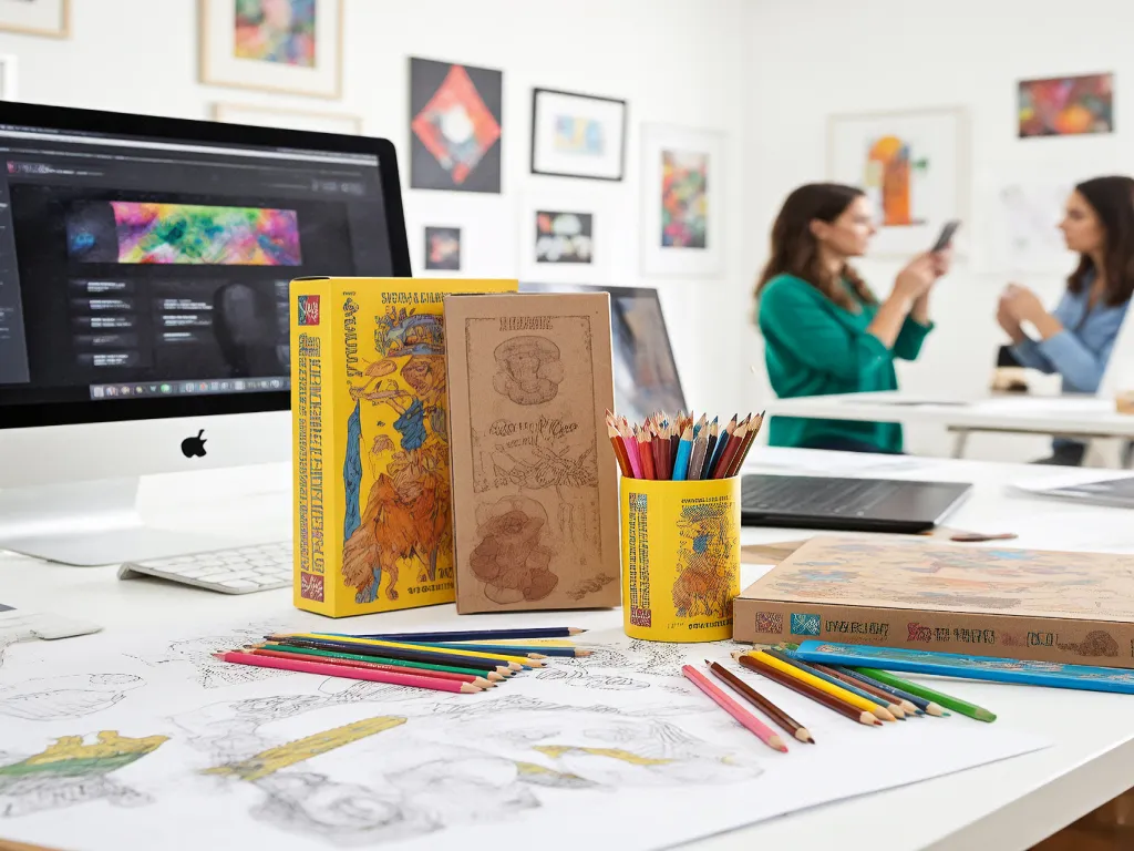 Wholesale colored pencils arranged on a creative workspace with art supplies