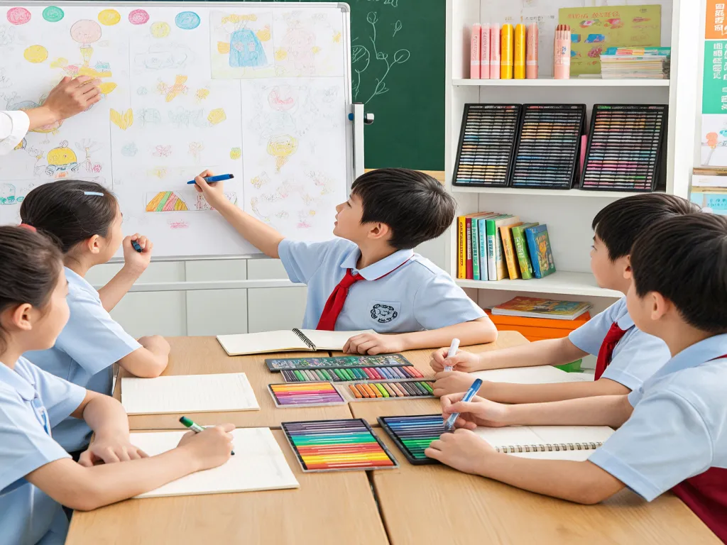 Students using school markers in a classroom setting