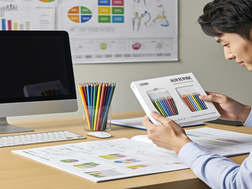 A person holds a box of wholesale colored pencils on a desk