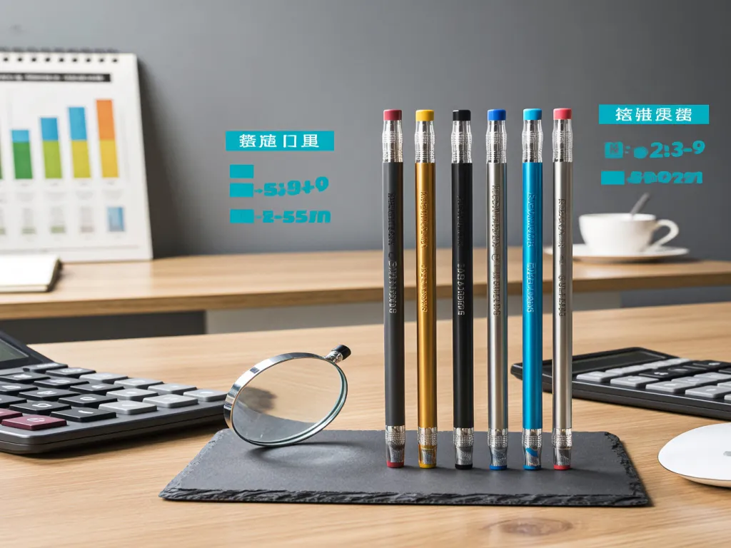 Assorted mechanical pencils displayed on a desk with a calculator