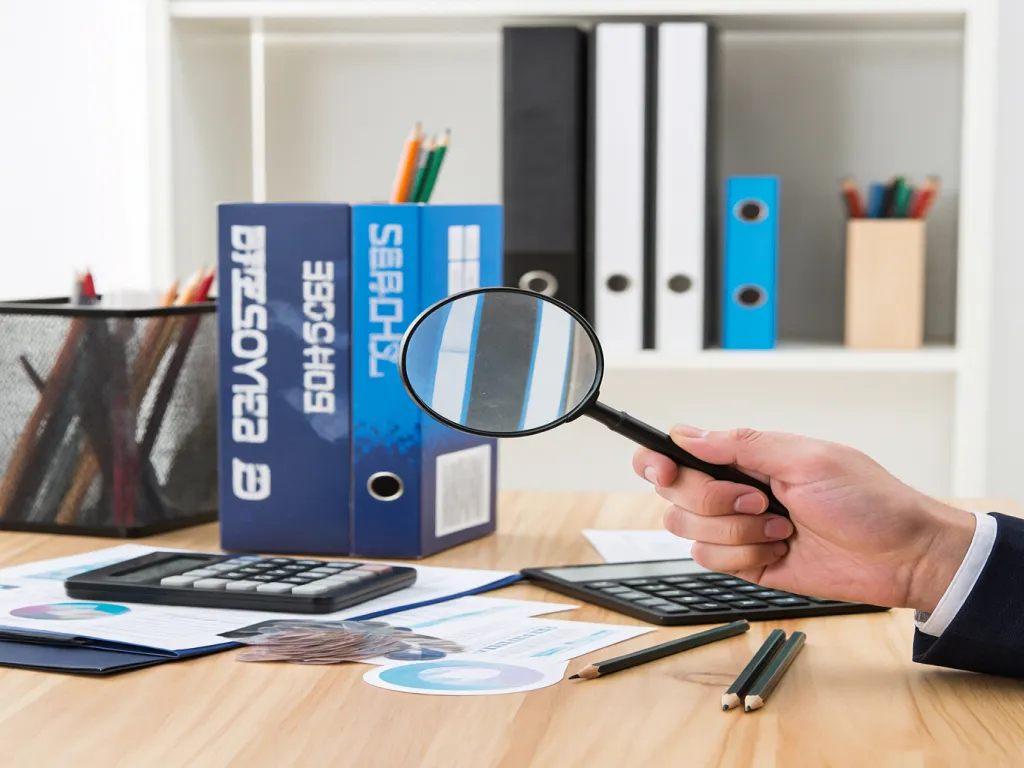 Hand holding magnifying glass over pencils and documents
