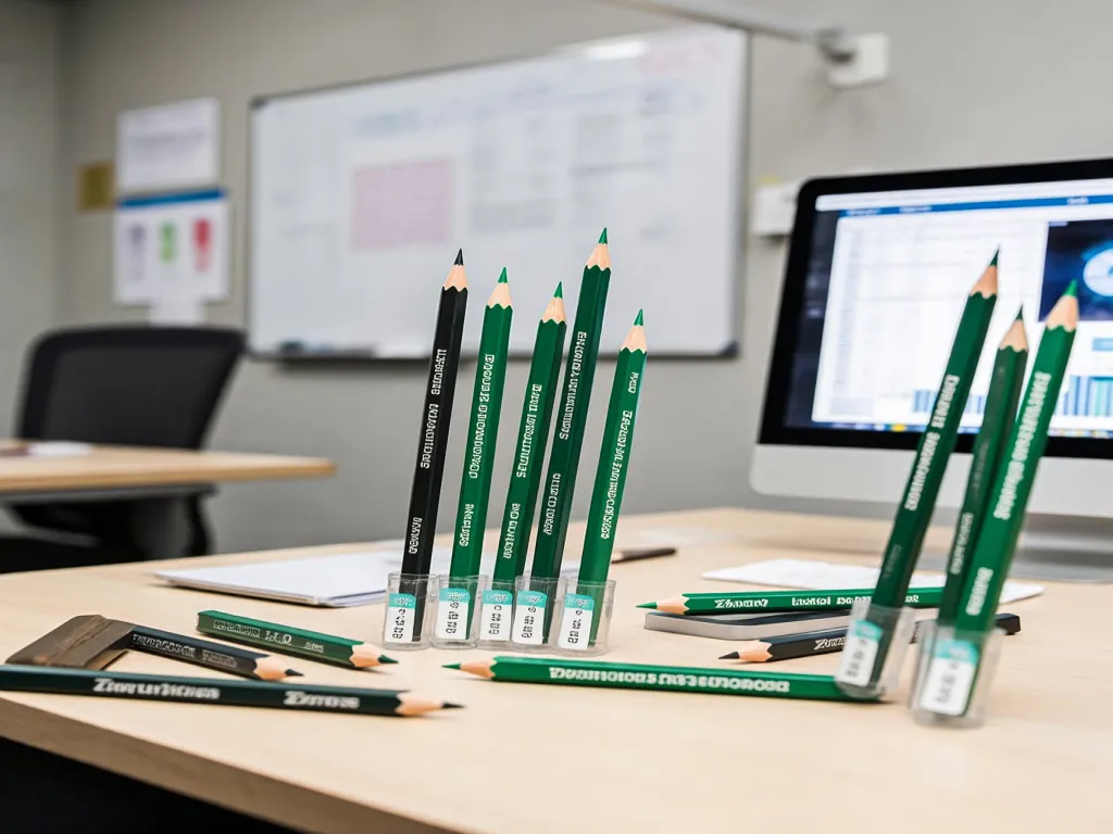 Colored golf pencils arranged on a table